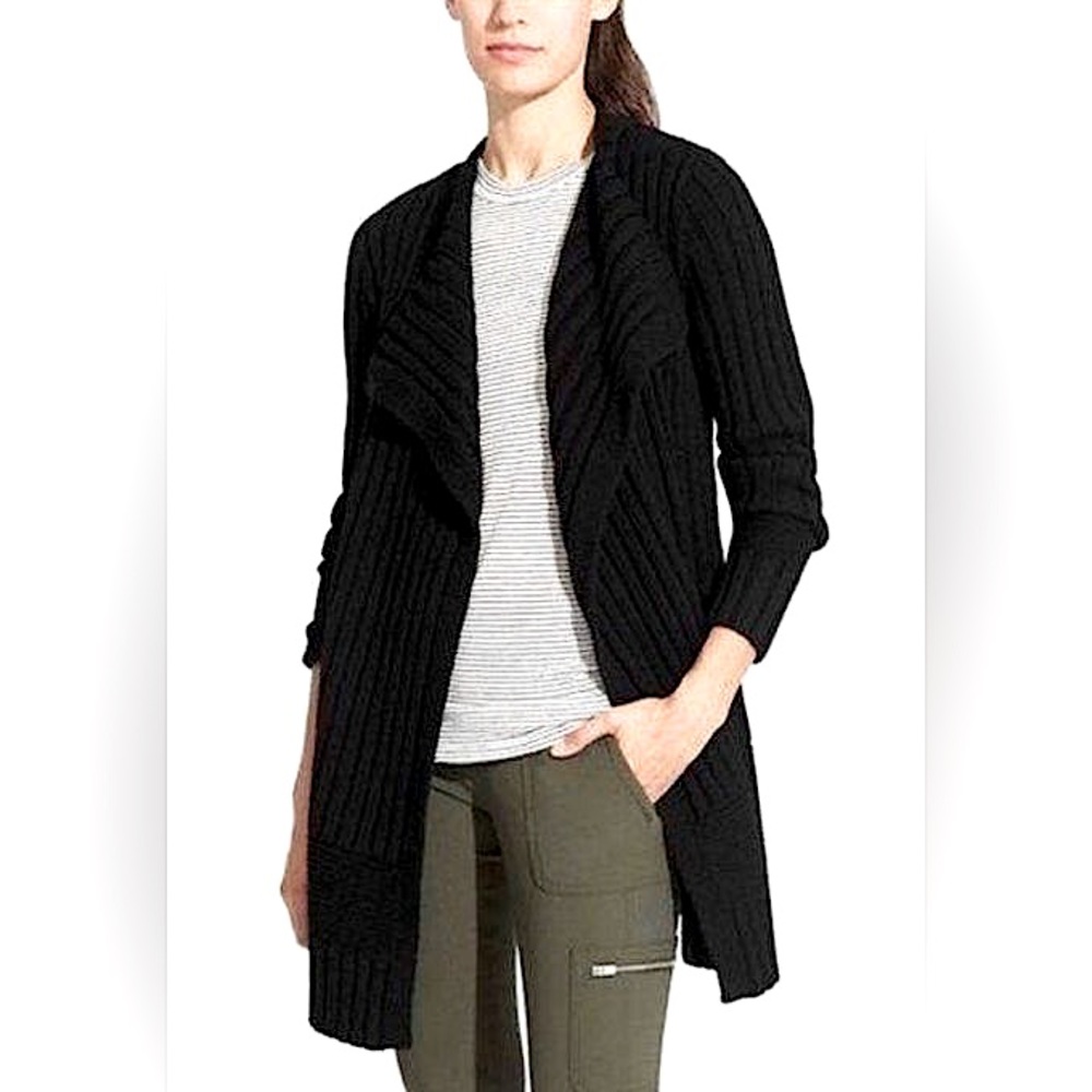 Athleta Black Wildwood Extra Fine Merino Wool Open Front Ribbed Cardigan Sweater